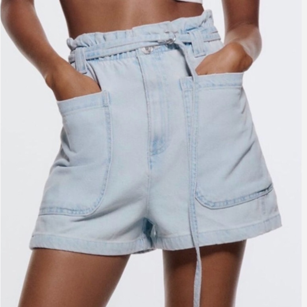 Zara High Rise Light Wash Belted Paperbag Denim Shorts